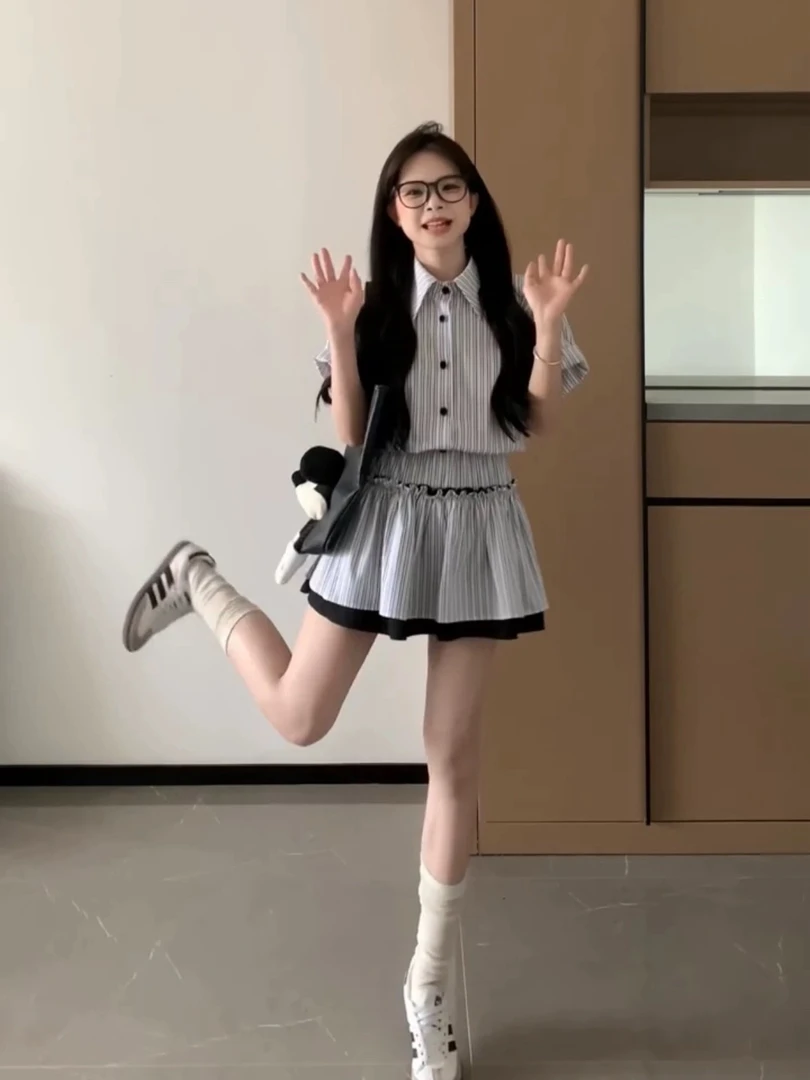 熬夜学院风裙子套装2025新款女装夏款小个子两件套裙装miu系穿搭