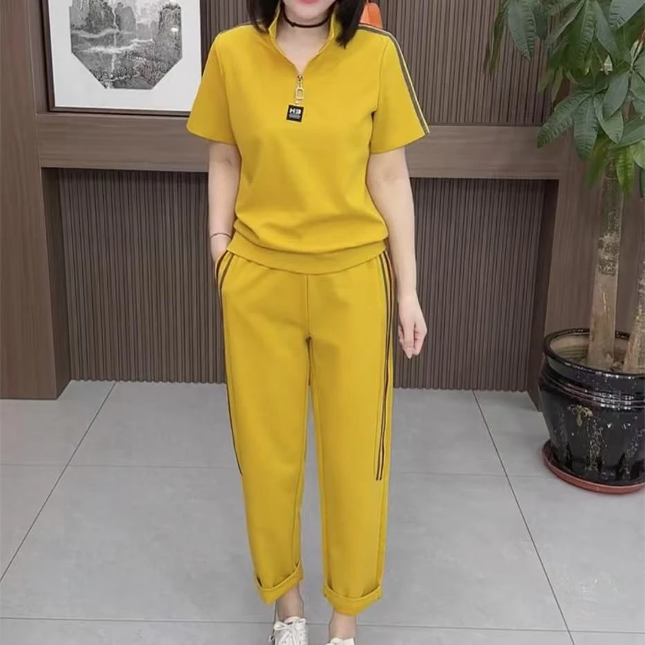 夏季拉链休闲短袖纯色时尚运动简约休闲带拼条洋气中老年洋气套装