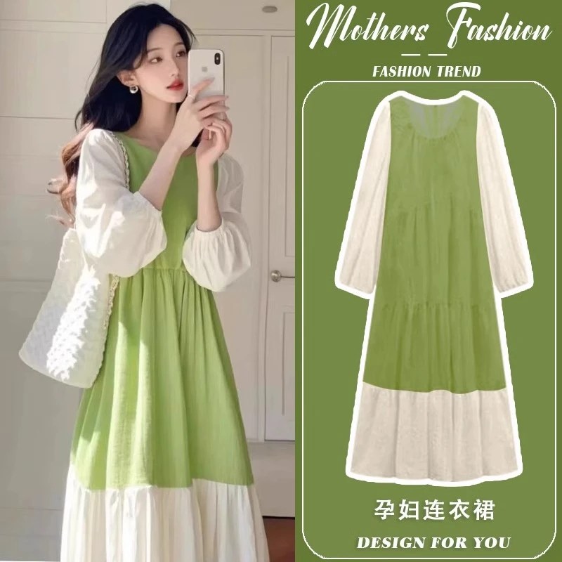 孕妇连衣裙春秋2025新款时尚减龄长袖拼接圆领绿色休闲宽松中长款