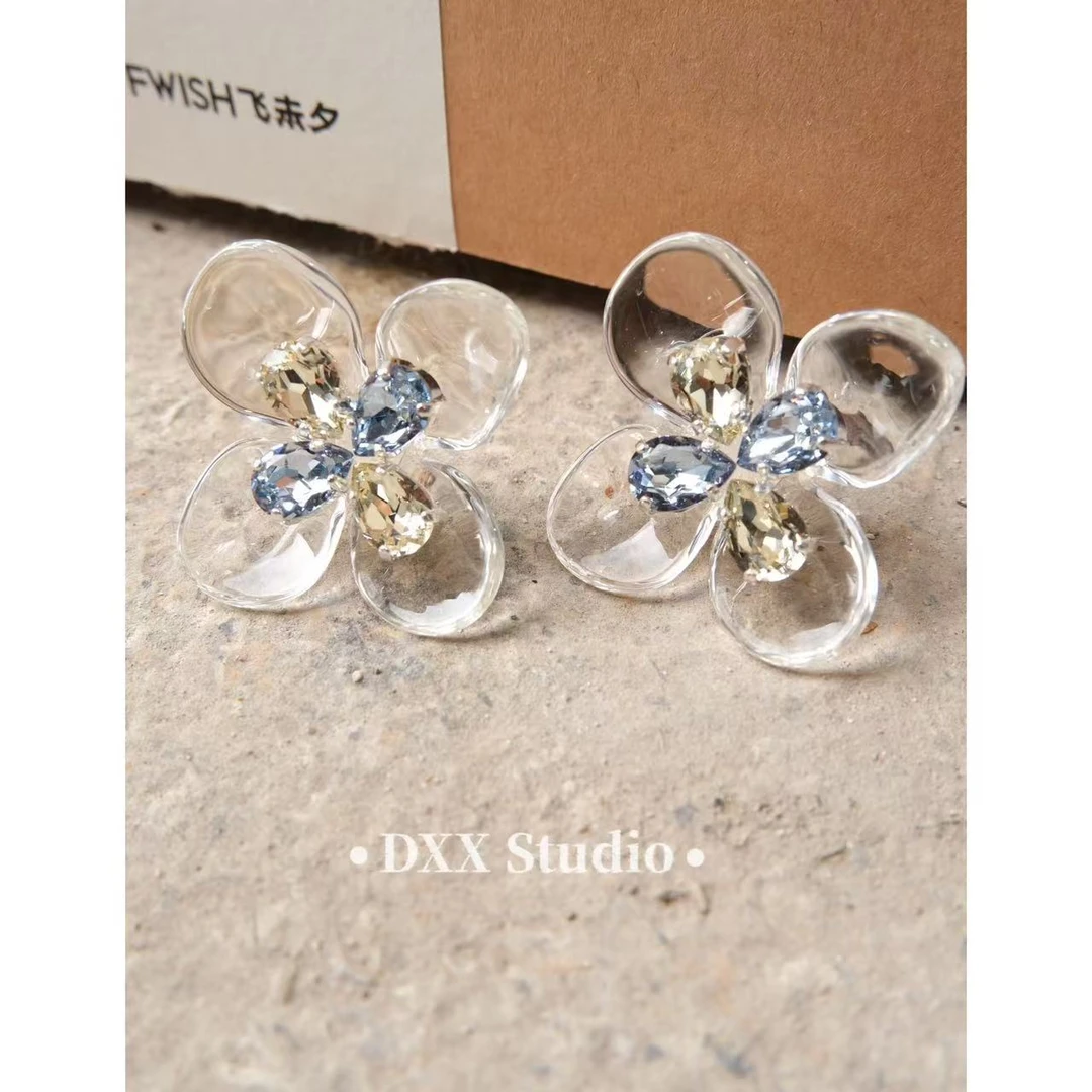 铜合金仿水晶耳饰 小众设计透明花朵耳饰47564