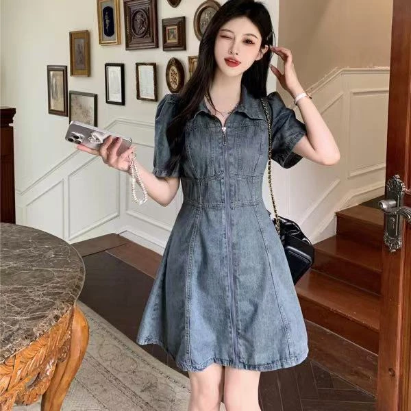 胖mm大码女装夏季新款港风韩版收腰显瘦短袖牛仔连衣裙 1335