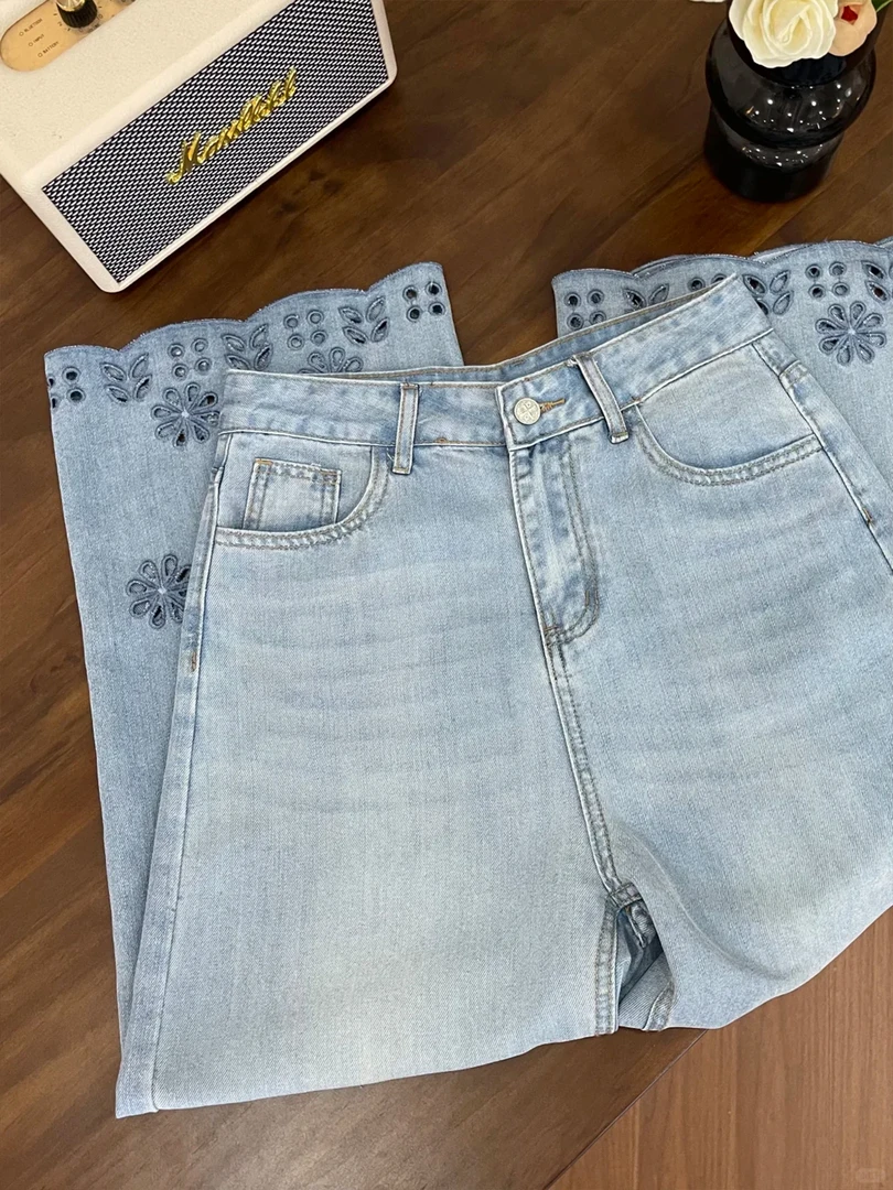 梨型身材大码高腰镂空刺绣牛仔裤女秋季薄款宽松显瘦九分阔腿裤子