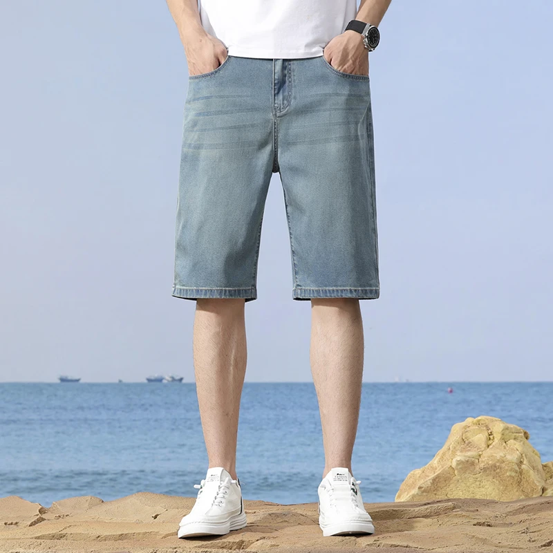 轻奢天丝男士牛仔短裤宽松直筒休闲百搭夏季薄款五分短裤弹力中裤