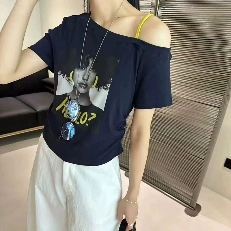 欧美风印花斜肩美式短袖上衣韩系夏季新款修身显瘦上衣