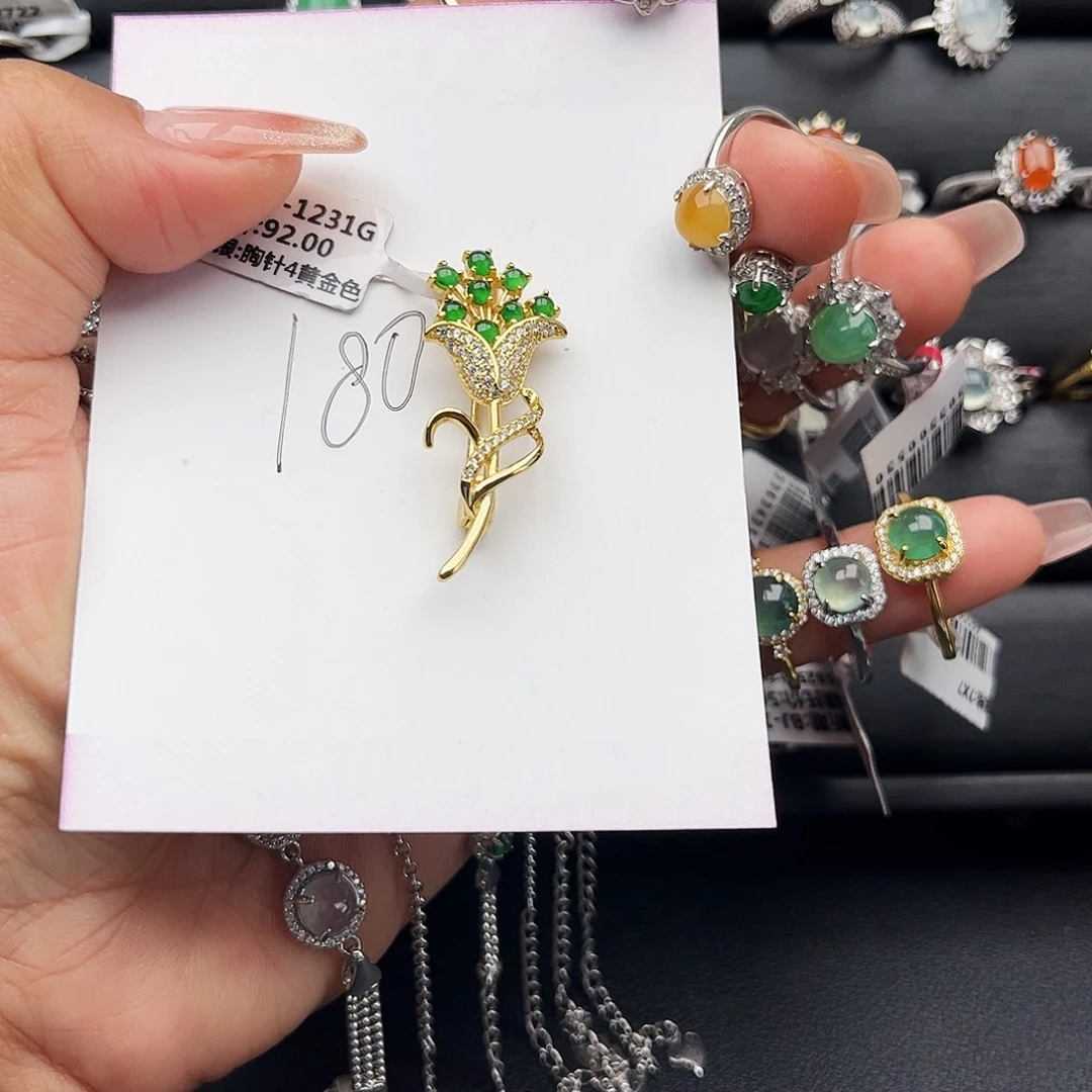 翡翠项圈银S925镶嵌缅甸天然翡翠A货胸针