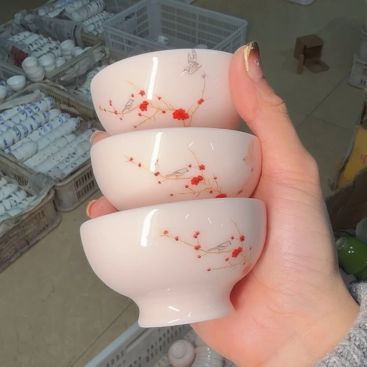 孤品素烧高端羊脂玉茶杯三个一组中号高脚杯60cc