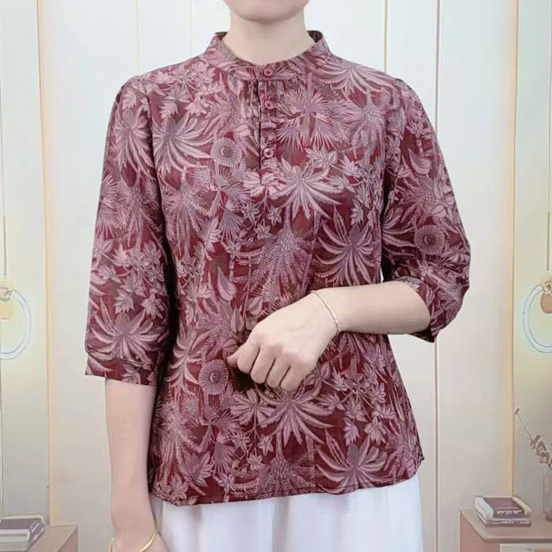 中老年妈妈装七分袖复古碎花莫奈花园风小衫