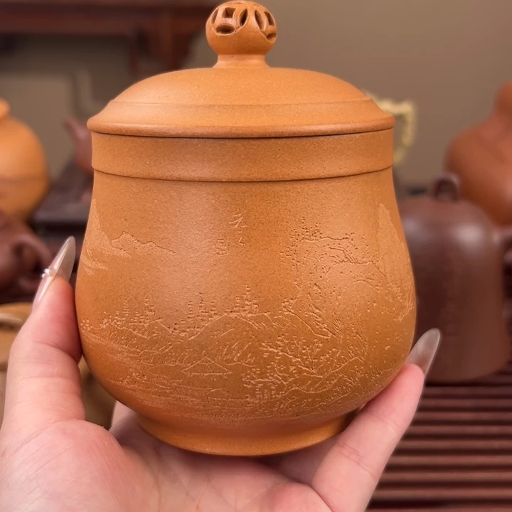 紫砂茶壶金黄段通转山水茶叶罐