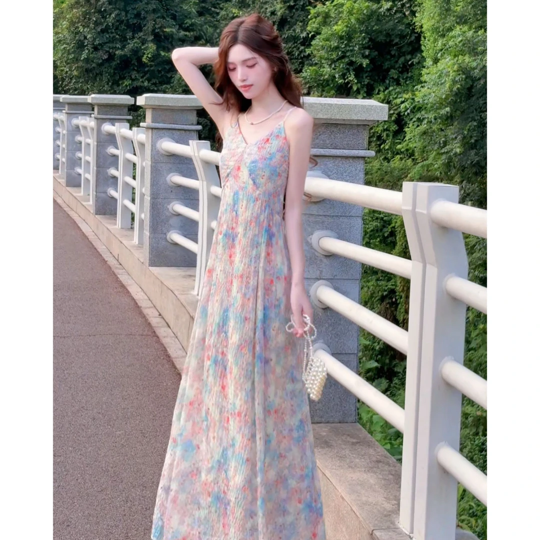 【有口袋】夏日海边度假氛围感吊带连衣长裙女独特显瘦气质碎花1521
