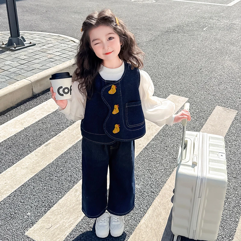 女童套装春装2025新款洋气女宝宝韩版牛仔马甲三件套春季儿童衣服