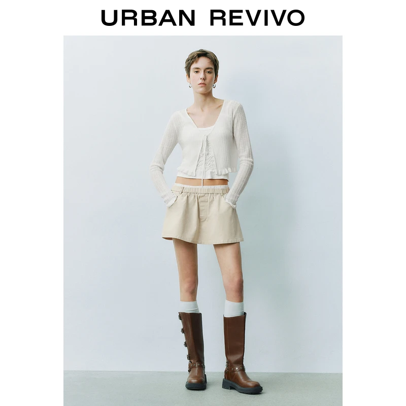 UR2025春季新品女装欧若风休闲V领系带超短款针织开衫UYY950022