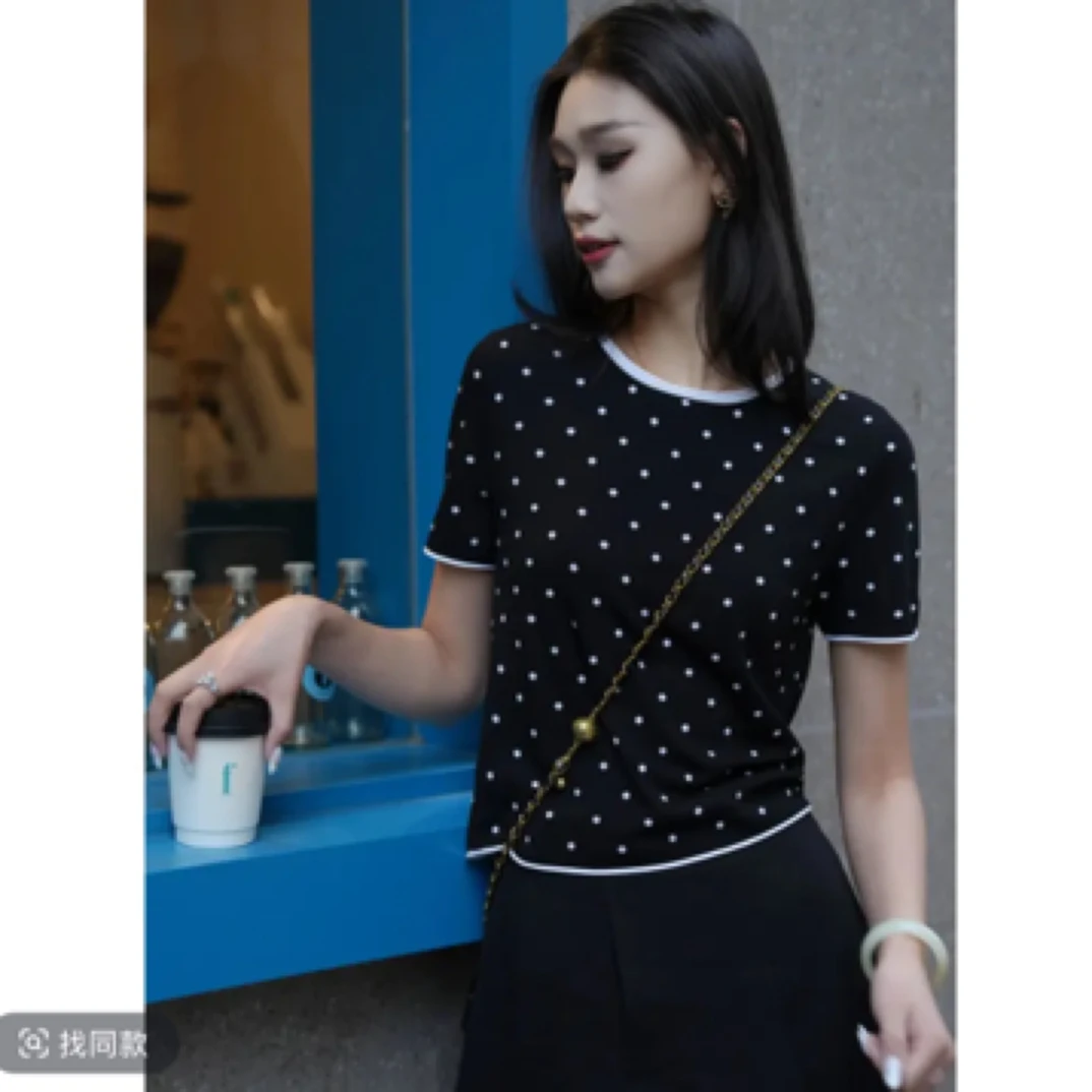 GIRDEAR/哥弟春夏新款时尚休闲百搭宽松针织黑白波点短袖1399645