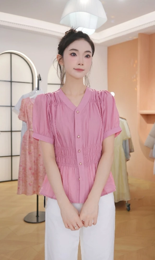 F气质v领衬衫女短袖夏季新款时尚遮肚子显瘦收腰上小衫