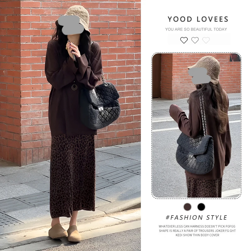 2025春秋法式复古气质宽松长袖T恤高腰显瘦百搭豹纹半裙时尚套装