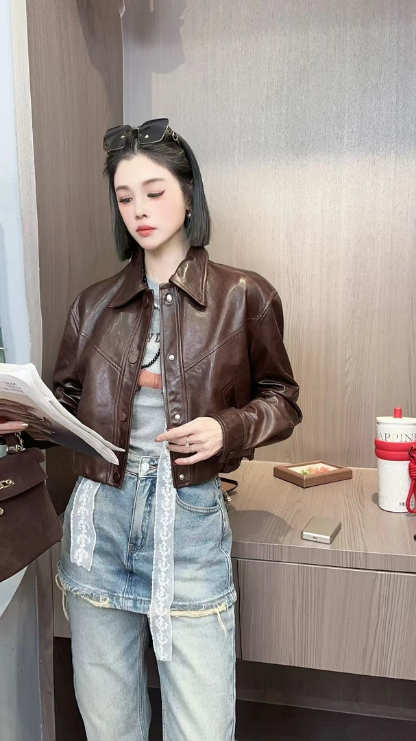 【YUANJIE】新款欧货女装短款油蜡皮外套翻领长袖气质显瘦时尚潮