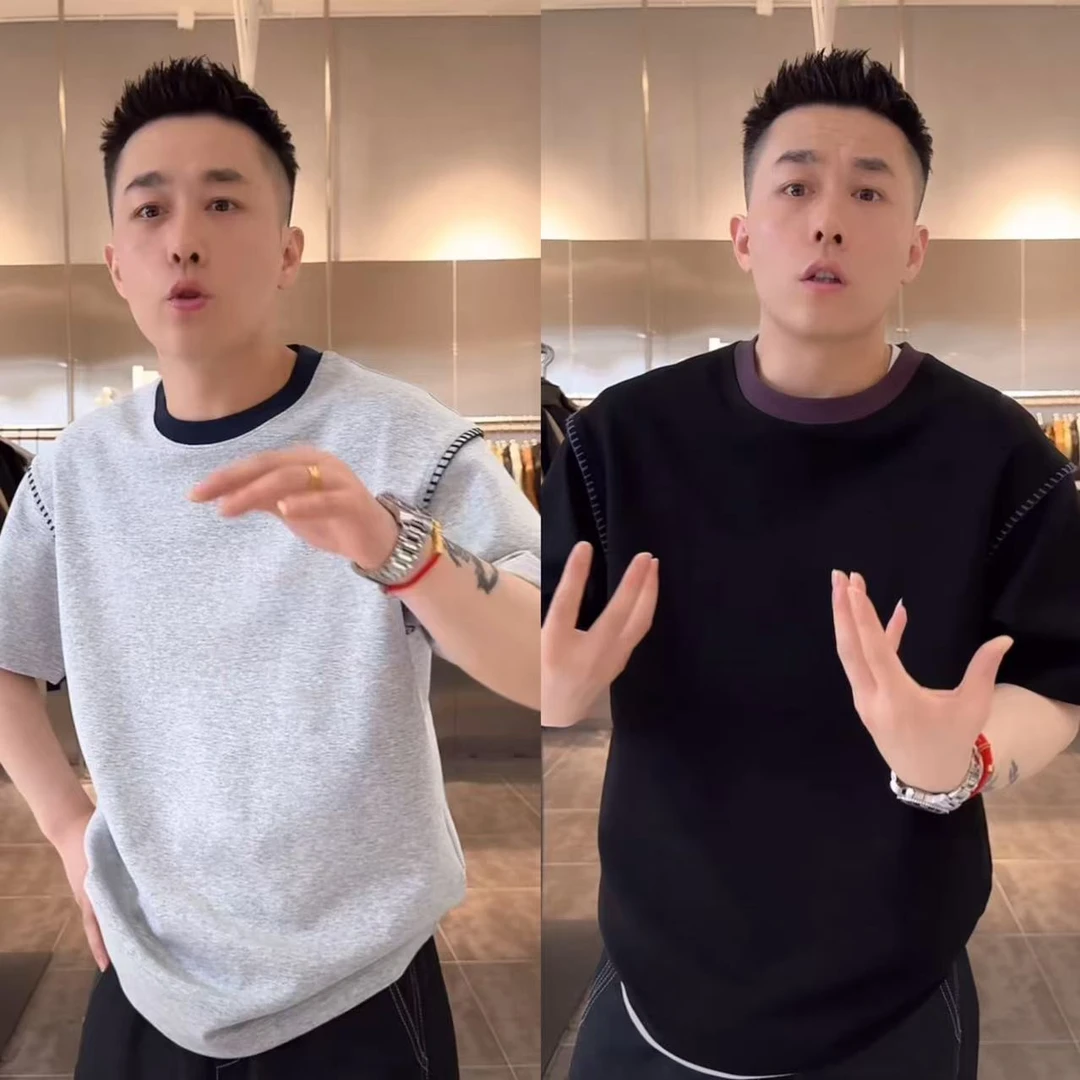 夏季新款拼接撞色明线圆领短袖男韩版时尚休闲简约高级感半袖T恤