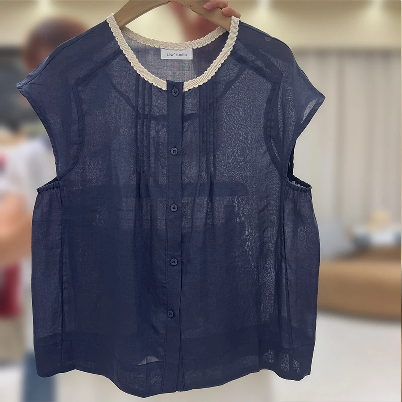 zaw大码刺绣圆领衬衫女夏季洋气宽松小飞袖苎麻上衣/25280