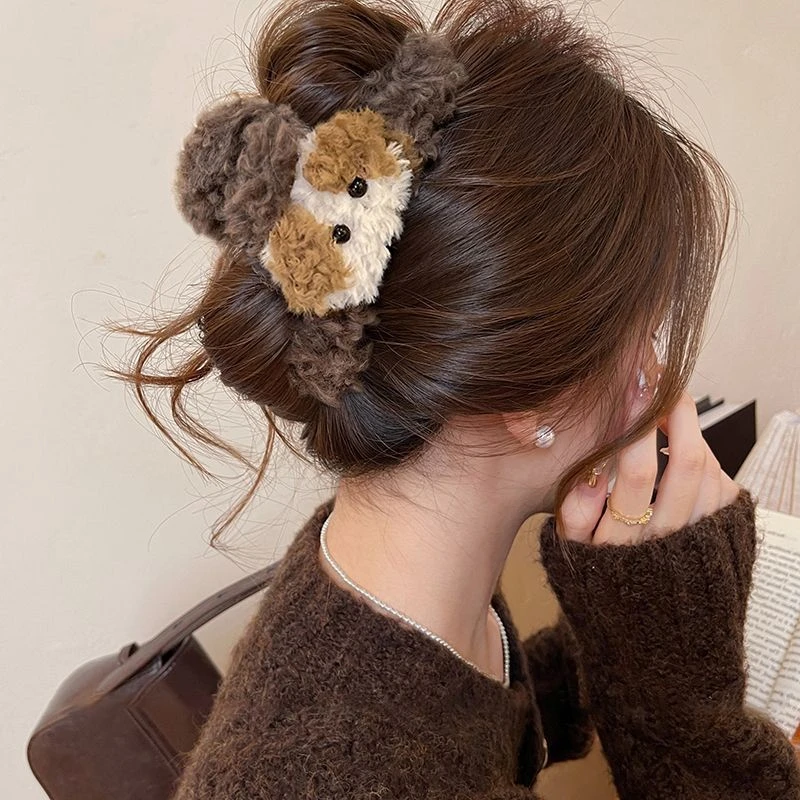 韩系毛绒小狗头发抓夹女秋冬高级感大号鲨鱼夹后脑勺盘发头饰发夹