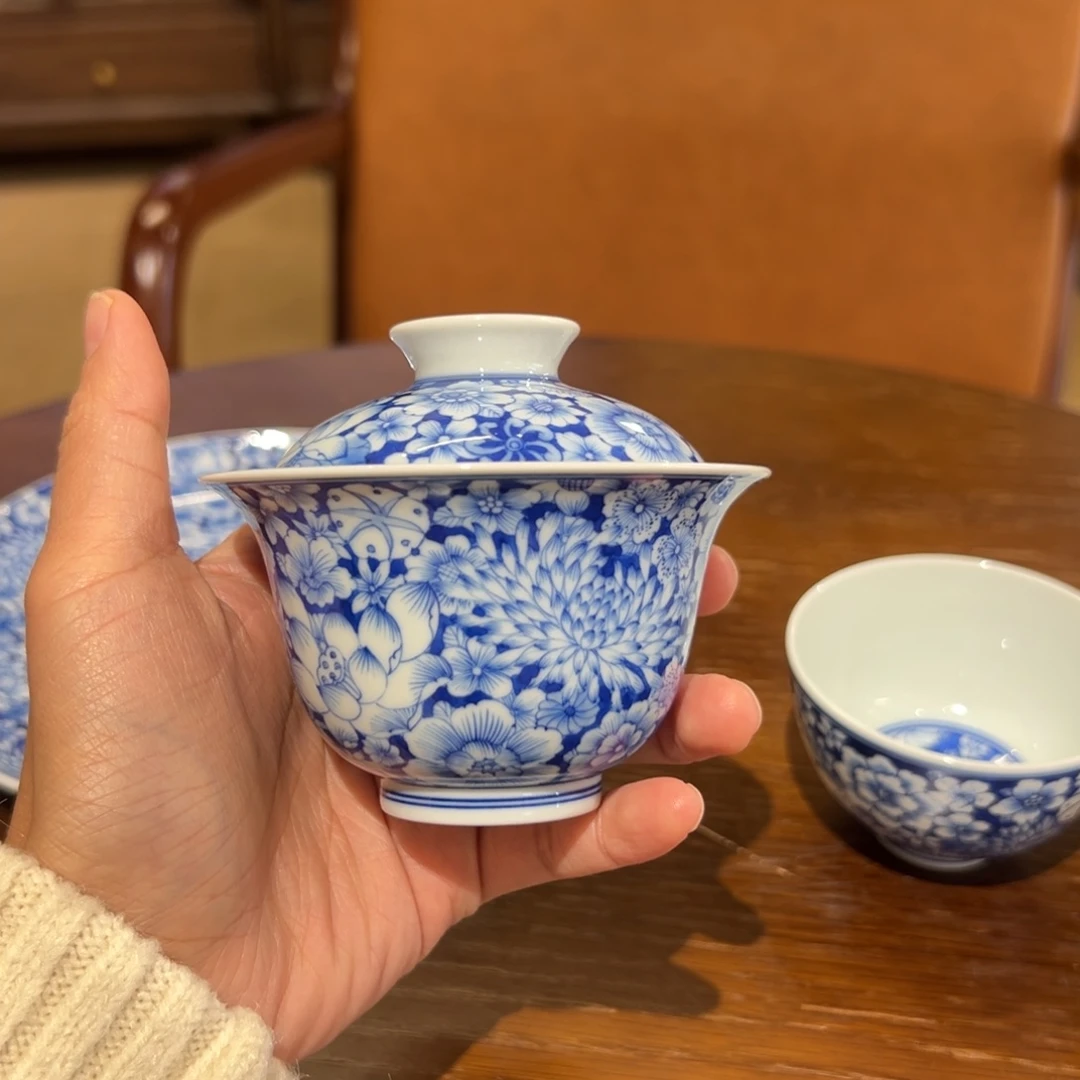 柴窑手绘万花盖碗