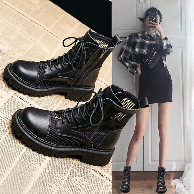 夏季薄款马丁靴女网红新款网面镂空短靴百搭厚底透气靴子夏天网靴