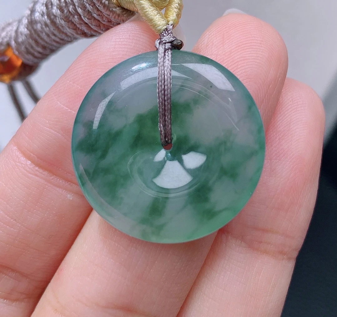 缅甸翡翠A货老坑冰种飘蓝花平安扣吊坠怀古挂件揭阳精品24.2*4.6