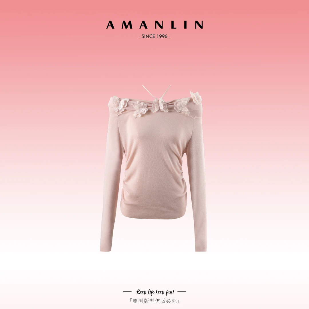 AMANLIN/阿谩琳INS风设计感百搭显瘦蝴蝶结修身针织衫上衣D595900