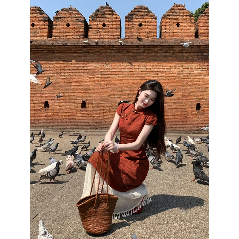 凌茜【喜乐】新中式红色提花假两件拼接暗纹提花旗袍连衣裙