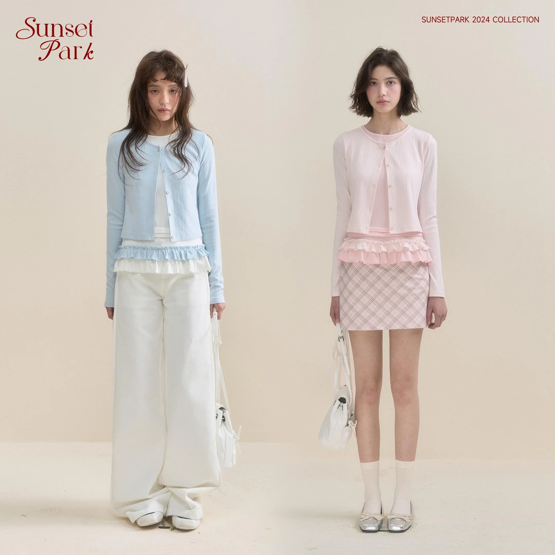 SunsetPark圆领打底休闲套头白色时尚假两件木耳边件上衣小香风