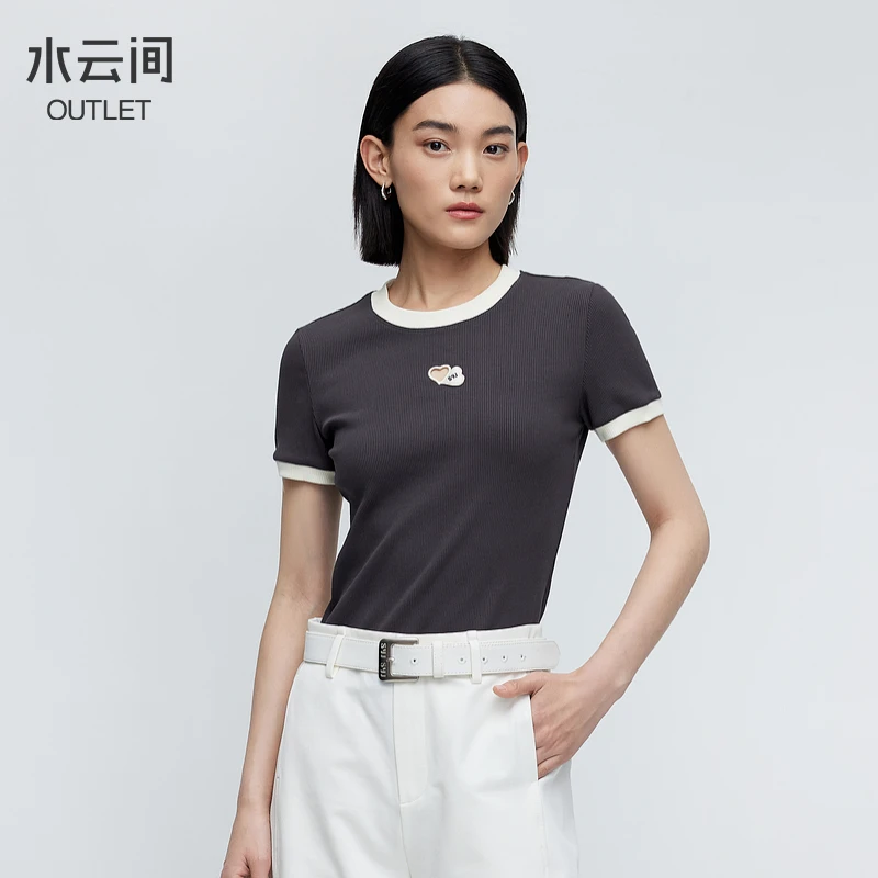 水云间灰色短款针织衫短袖T恤女正肩显瘦上衣简约1241204060428