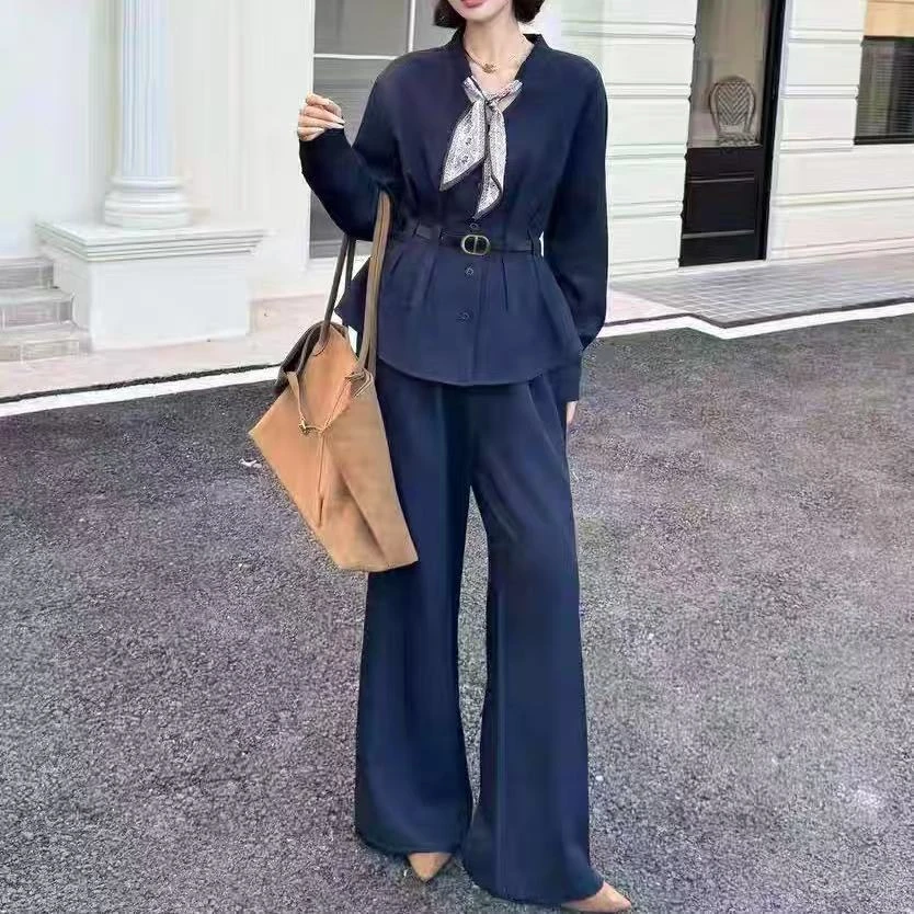 925/66B02 法式气质收腰长袖衬衫套装女春秋款松弛感两件套
