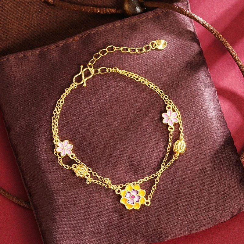 黄铜手链 莲花珐琅手链首饰不掉色中式手饰时尚小众百搭ins古风
