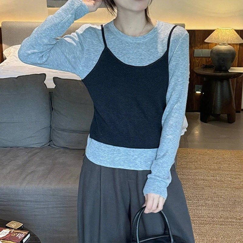 韩系减龄拼接假两件针织衫女2025早秋新款舒适慵懒显瘦绑带上衣潮