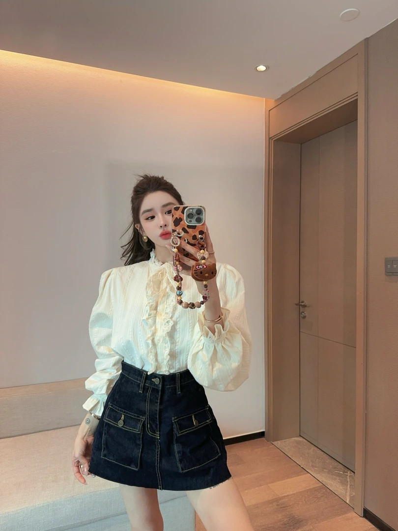 米娜家【香阀世家】泡菜订制重工米色蕾丝衬衫