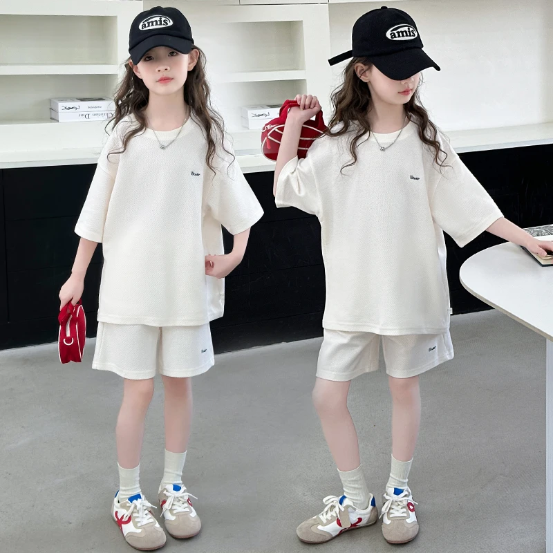 女童夏季套装2025新款洋气时髦大童短袖6-12岁夏装儿童短裤两件套