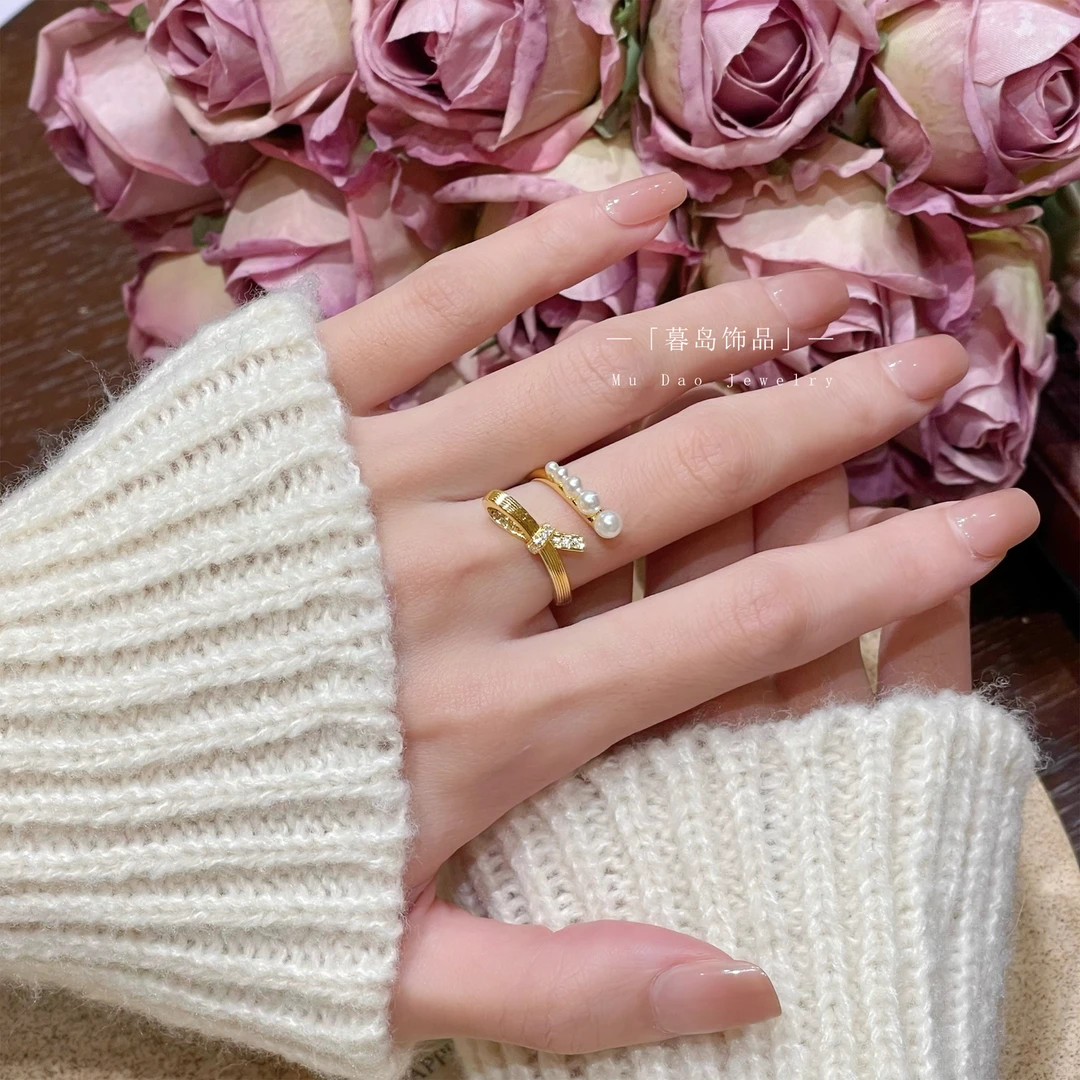 【暮岛饰品】金色蝴蝶结珠珠拼接活口戒指温柔A057