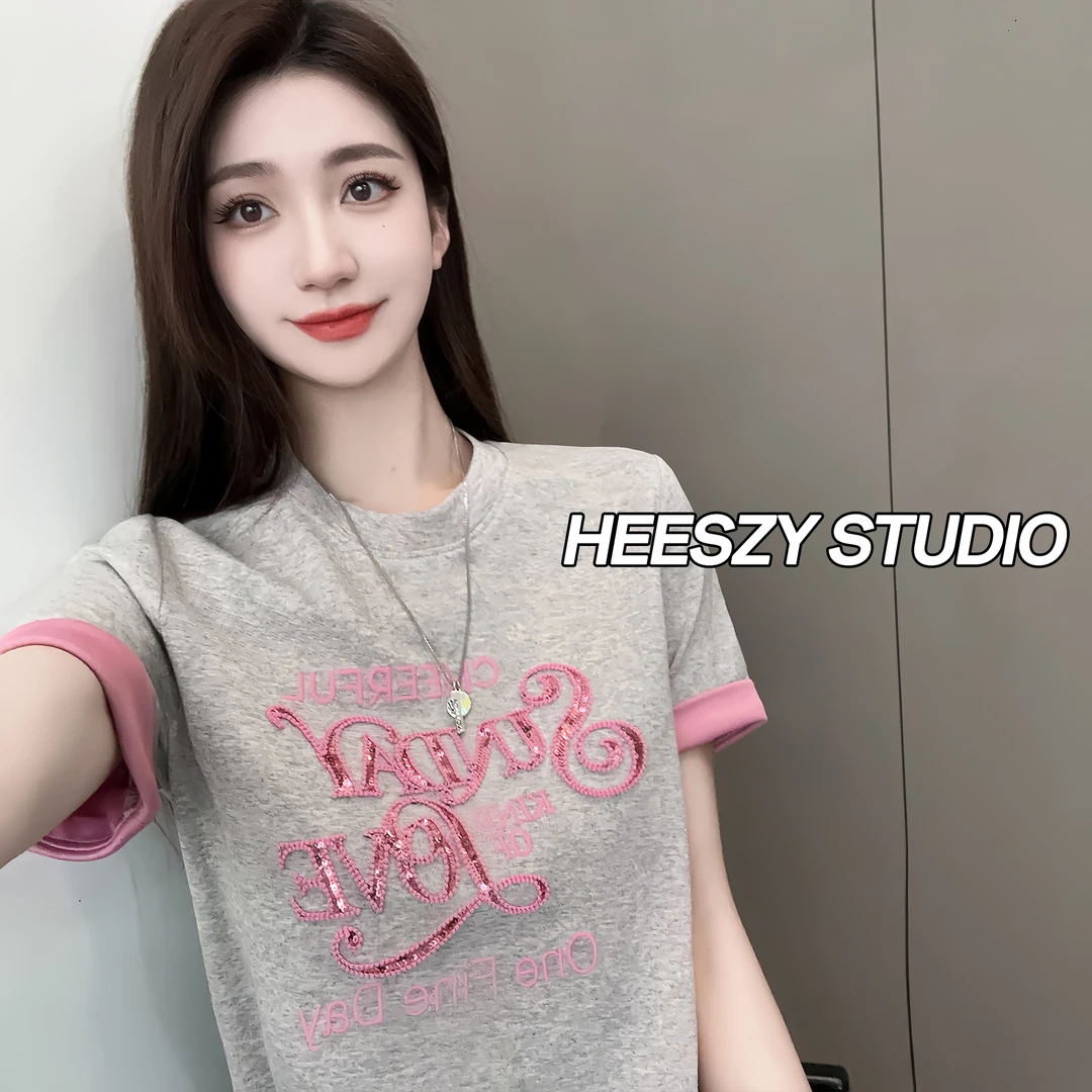 2025春夏新款显瘦时尚英文潮流休闲宽松圆领字母百搭韩版T恤短袖