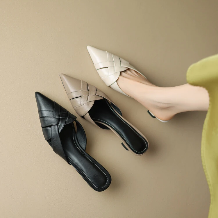 里外全真皮~4cm头层牛皮法式优雅包头半拖鞋女尖头显瘦懒人穆勒拖