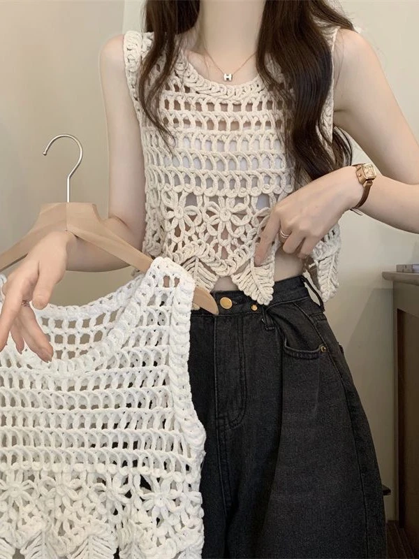 宽松型镂空圆领夏季短款毛针织衫外穿上衣无袖坎肩薄款显瘦洋气
