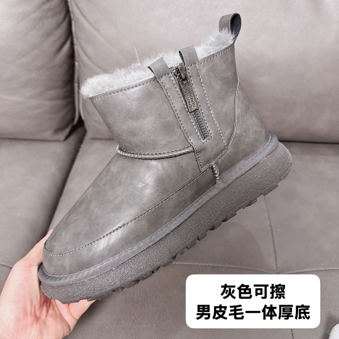 防滑雪地靴保暖侧拉链时尚雪地靴灰色百搭短靴冬季
