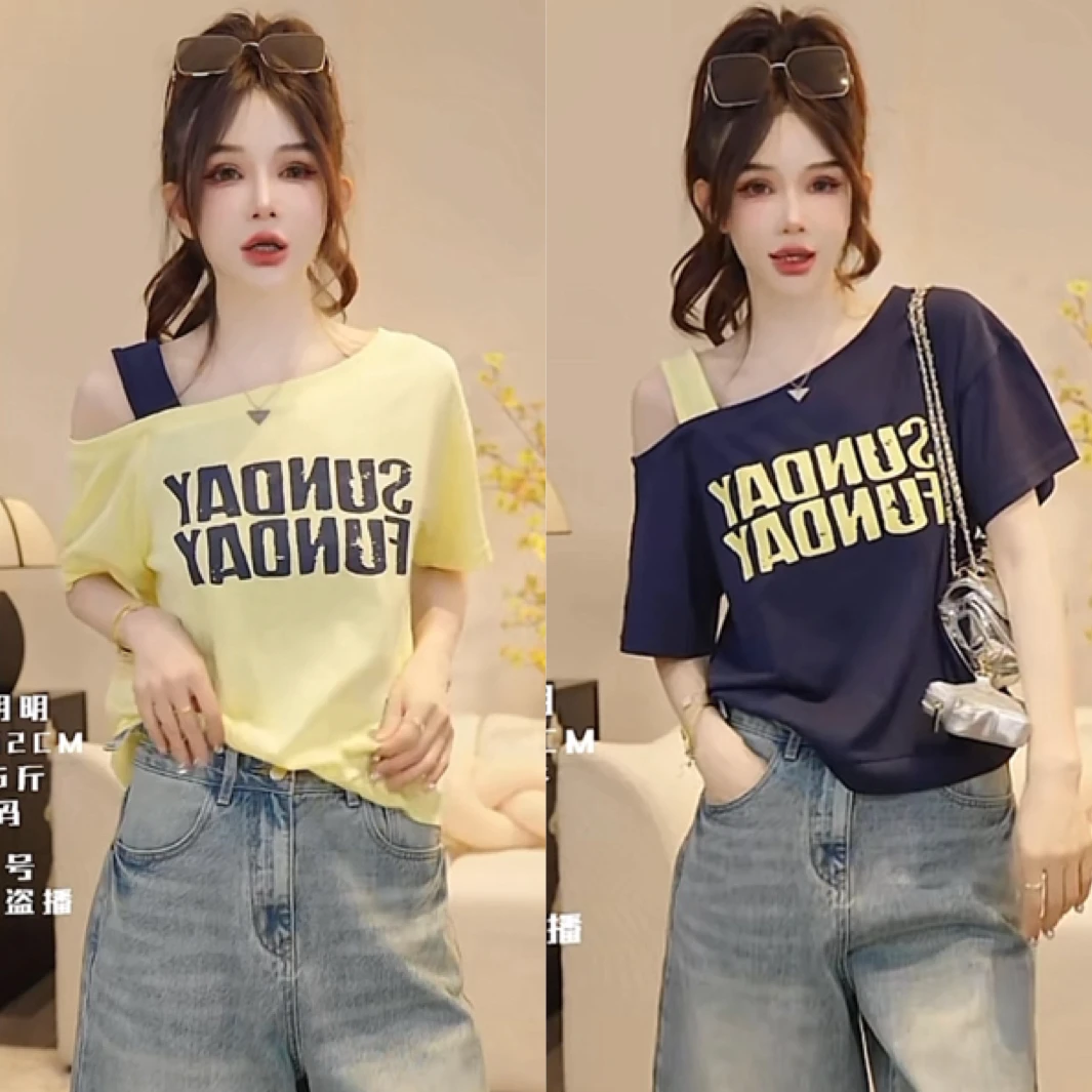 原创设计感斜肩吊带字母印花短袖t恤女夏小个子时尚百搭减龄上衣