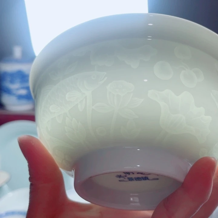 青花玲珑5.5寸饭碗鱼藻纹