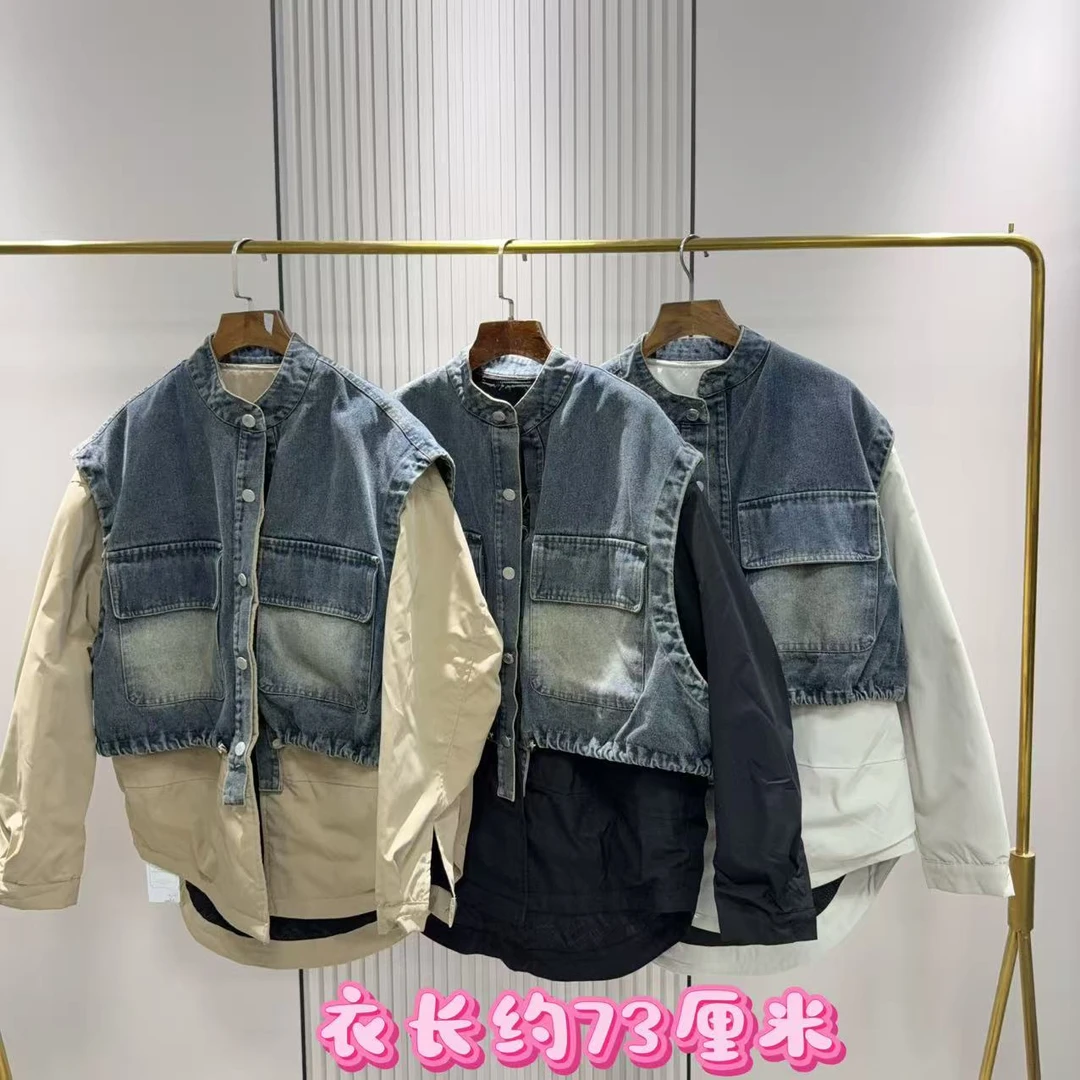 5591拼接双兜排扣立领薄棉外套
