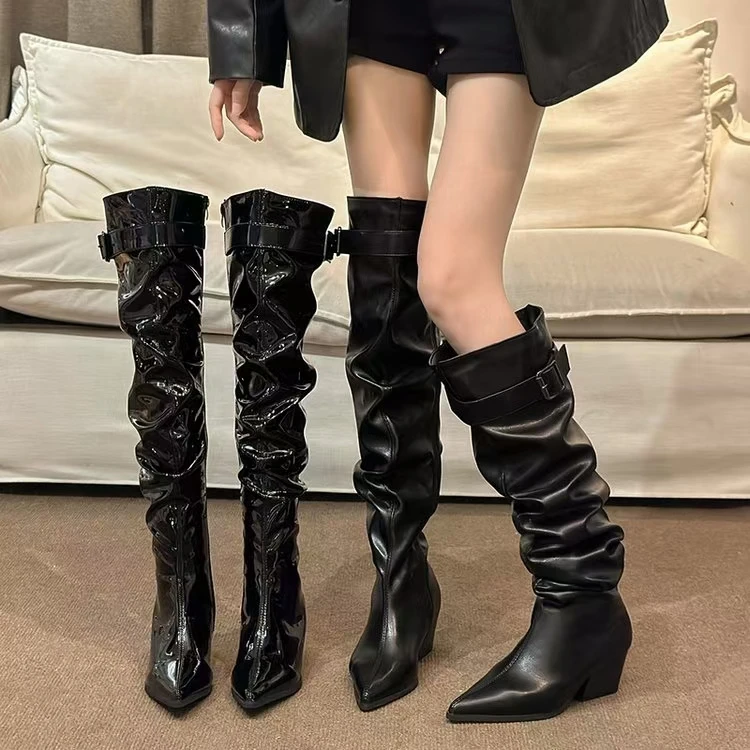 长靴女鞋2024新款厚底时尚英伦风光面加绒长靴K08