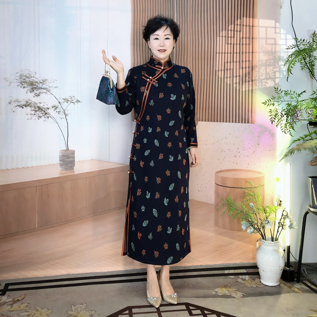 【金秋大叶】秋冬季毛料大码旗袍显瘦气质长袖网红时尚复古中长款