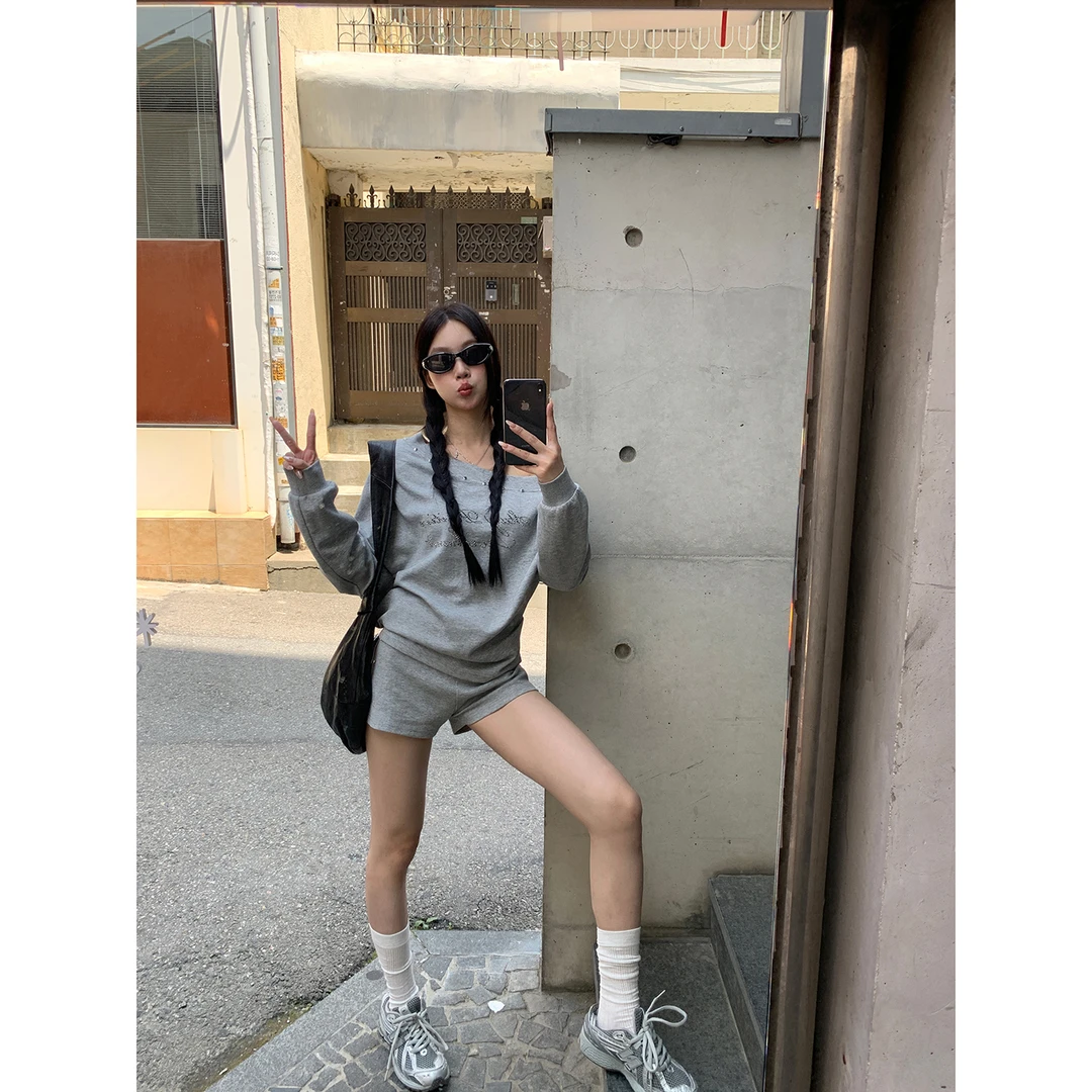 秋季韩系字母印花宽松斜肩铆钉设计感卫衣253H2391-S#