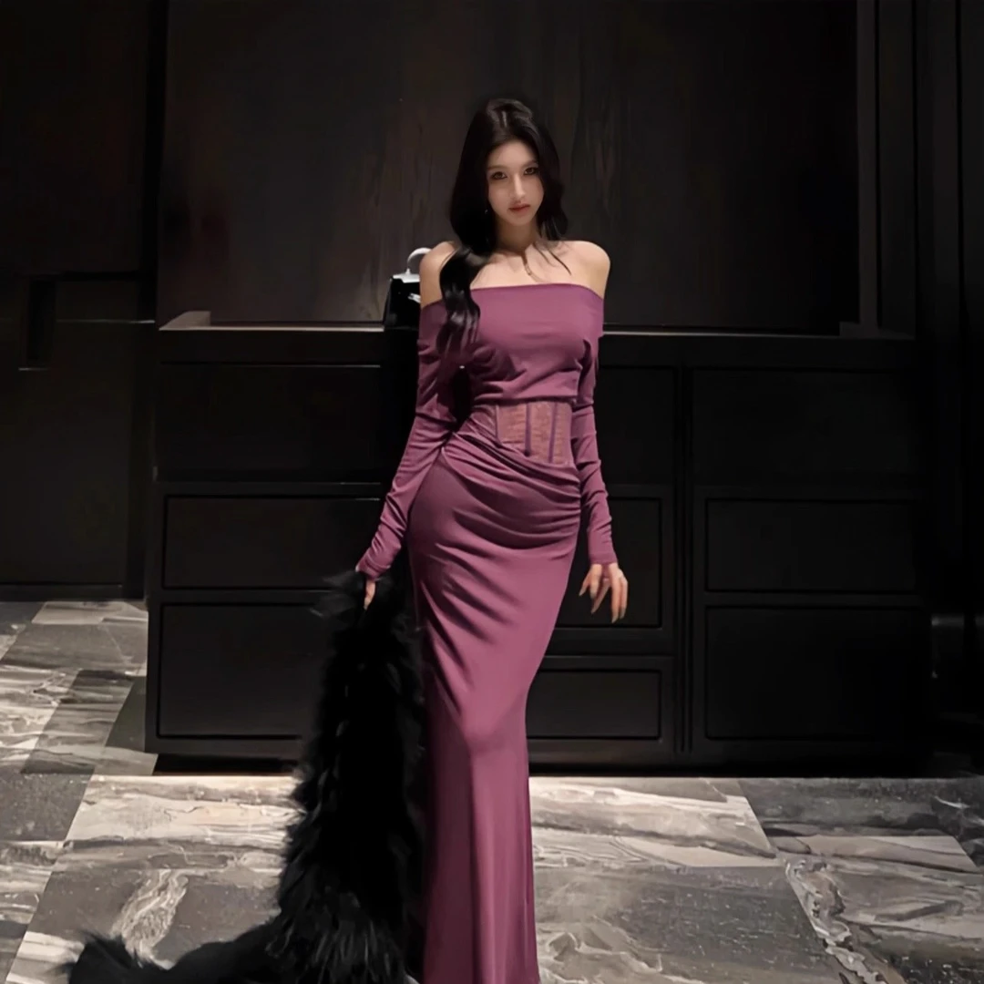 纯欲御姐紫色长袖一字肩连衣裙女秋季新款时尚鱼骨收腰气质长裙