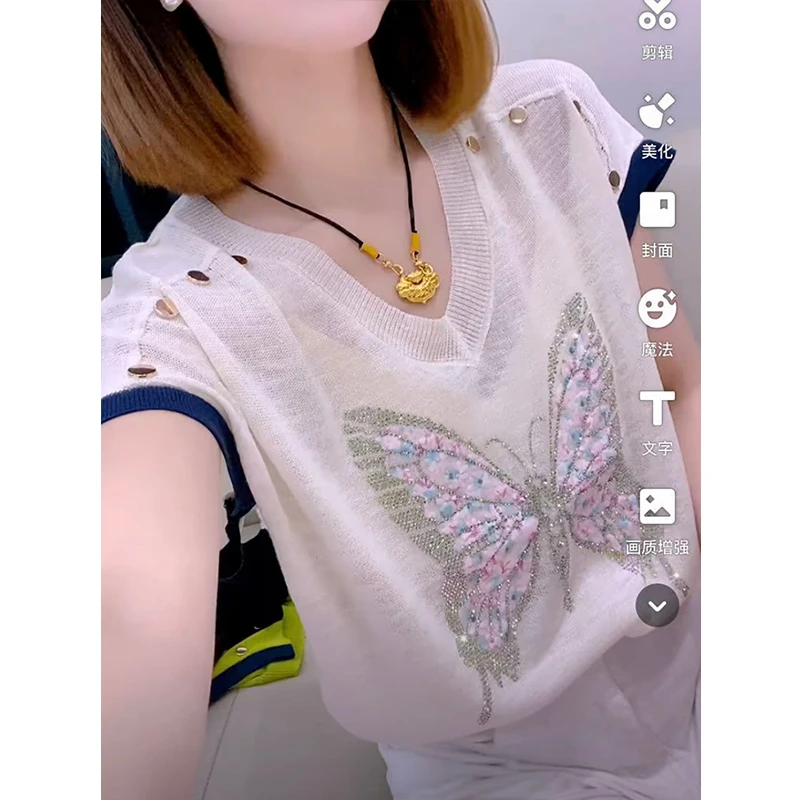 2025夏季新款V领气质冰丝雪花棉女短袖显瘦蝴蝶高级感洋气上衣ins