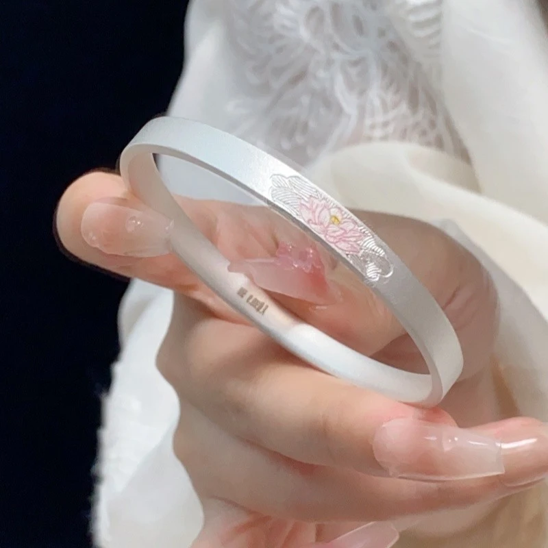 银9999古法珐琅彩莲花闭口手镯女实心银镯子国潮风气质荷花手环