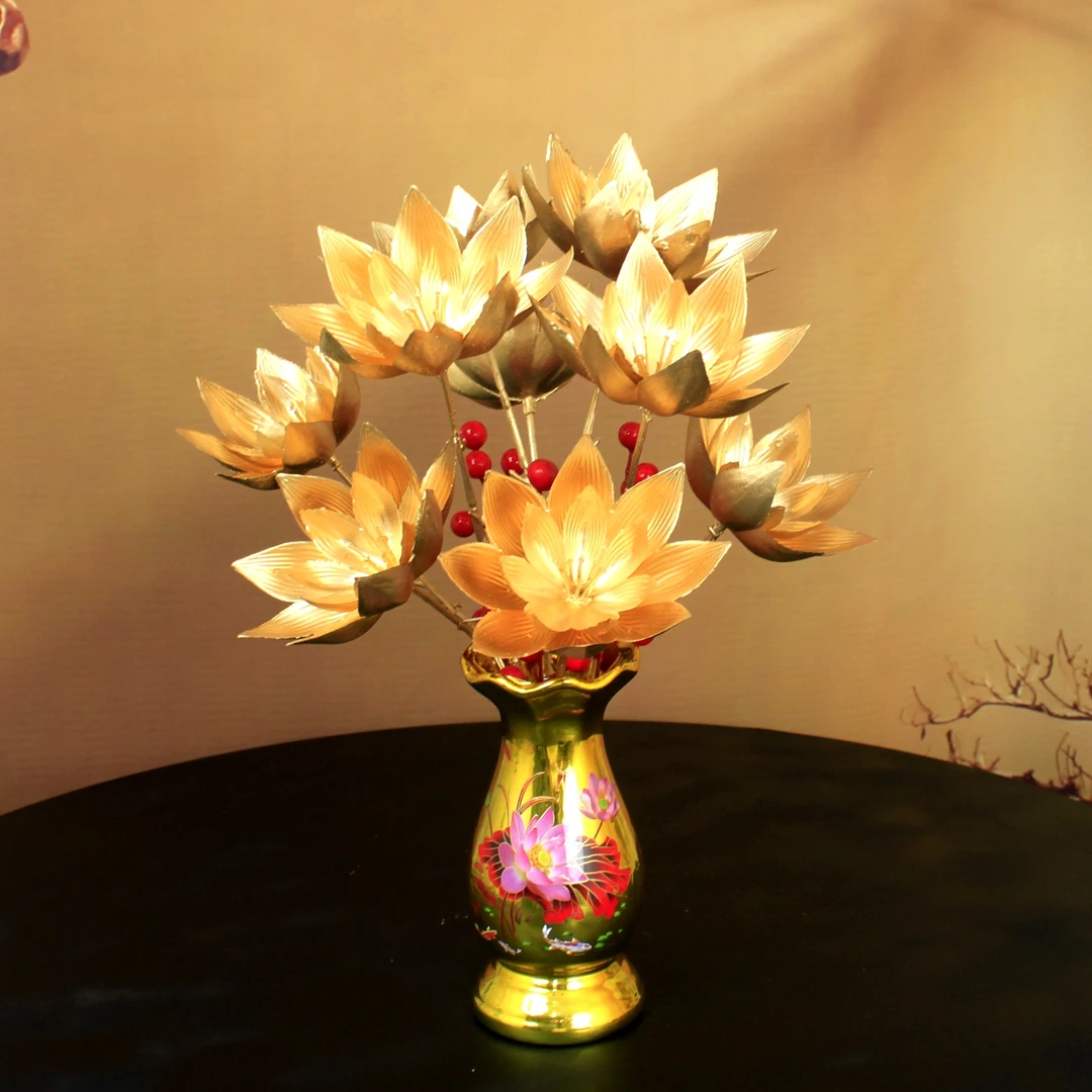 寺庙供奉金莲假花佛堂供花佛堂观音金色莲花财神前摆放花供桌