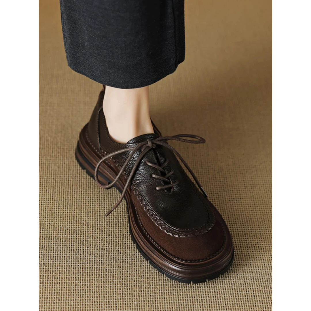 TOUCH MISS拼接设计感~新款真皮单鞋复古小皮鞋英伦风系带乐福鞋